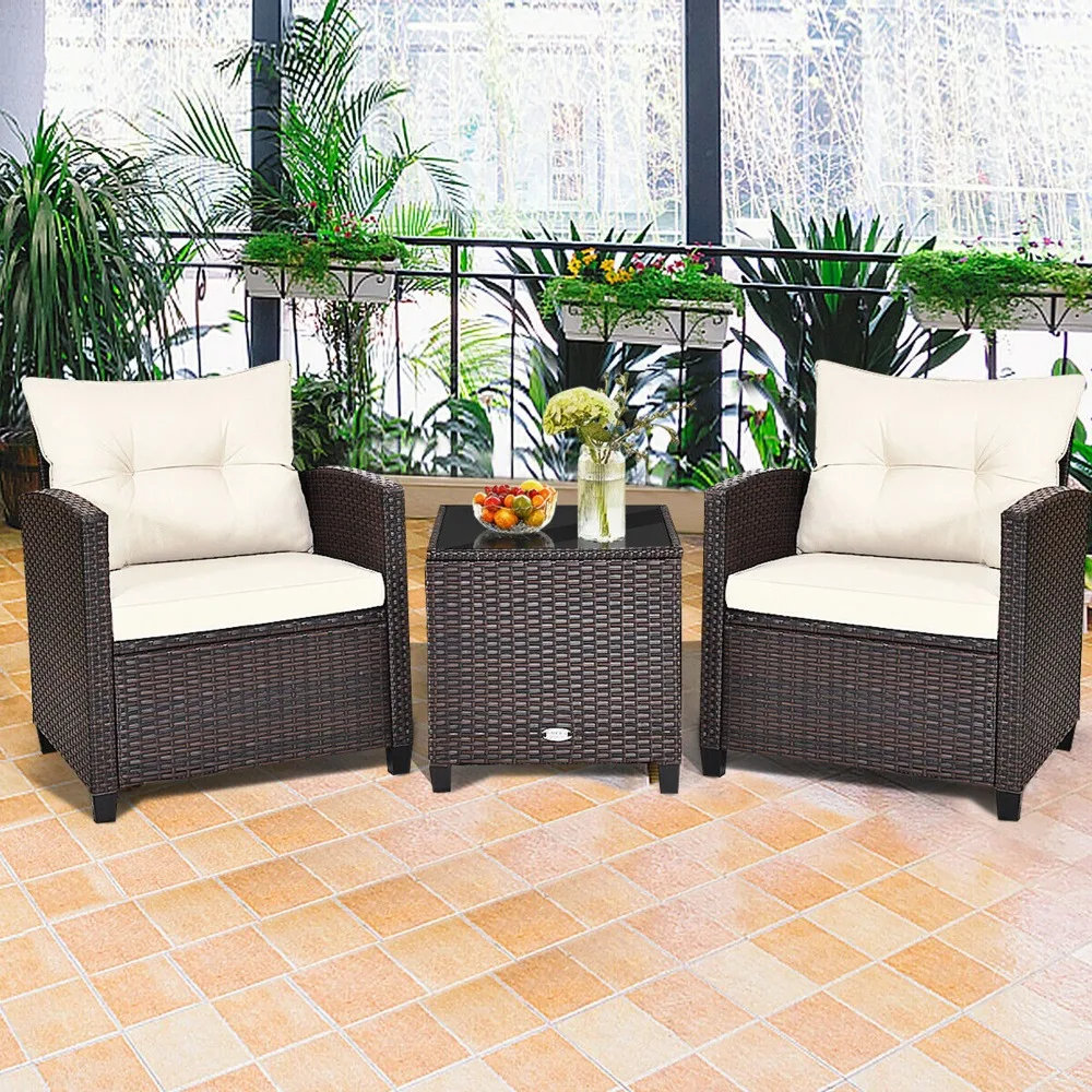 3PCS Outdoor Patio Rattan Conversation Set Garden Yard w/ Off White Cushions and Tempered Glass Top Table, Garden Sofas
3PCS Outdoor Patio Rattan Conversation Set Garden Yard w/ Off White Cushions and Tempered Glass Top Table, Garden Sofas