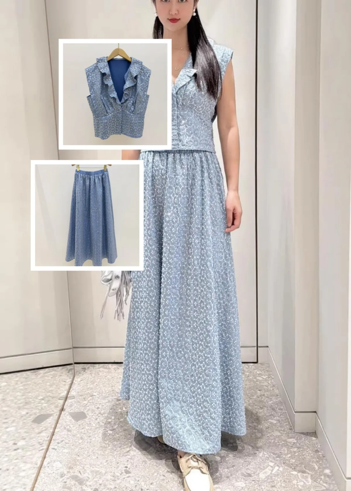 Blue Sequin Striped Women's Set Slim Ruffles V-Neck Short Tops +Elastic High Waist Casual Midi Skirt Summer New 2026
Blue Sequin Striped Women's Set Slim Ruffles V-Neck Short Tops +Elastic High Waist Casual Midi Skirt Summer New 2026