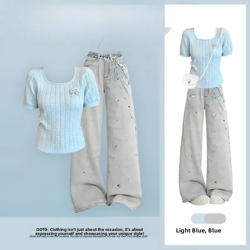 Summer New Lazy Style Knitted Short Sleeve Top And Slimming Jeans Women's Fashionable Versatile Youthful Two-Piece Set
Summer New Lazy Style Knitted Short Sleeve Top And Slimming Jeans Women's Fashionable Versatile Youthful Two-Piece Set