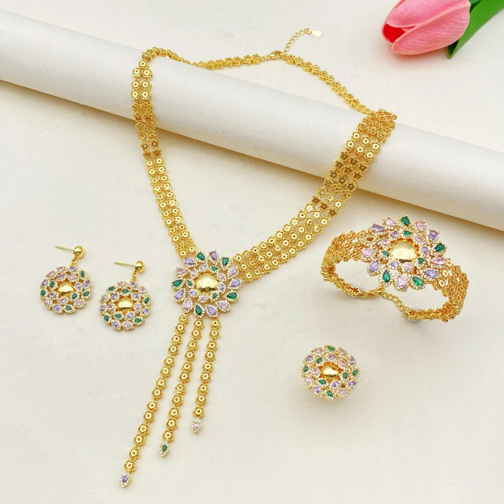 Falair Party Shines Высококачественный позолоченный комплект ювелирных изделий с кубическим цирконием, элегантное банкетное ожерелье, серьги, браслет, кольцо для женщин
Falair Party Shines Высококачественный позолоченный комплект ювелирных изделий с кубическим цирконием, элегантное банкетное ожерелье, серьги, браслет, кольцо для женщин