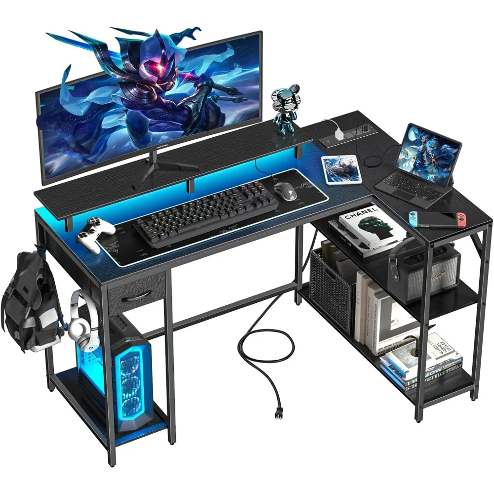 47 Inch Gaming Desk with Power Outlet & LED Light, Reversible L Shaped Desk with Hook, Monitor Stand & Drawer
47 Inch Gaming Desk with Power Outlet & LED Light, Reversible L Shaped Desk with Hook, Monitor Stand & Drawer