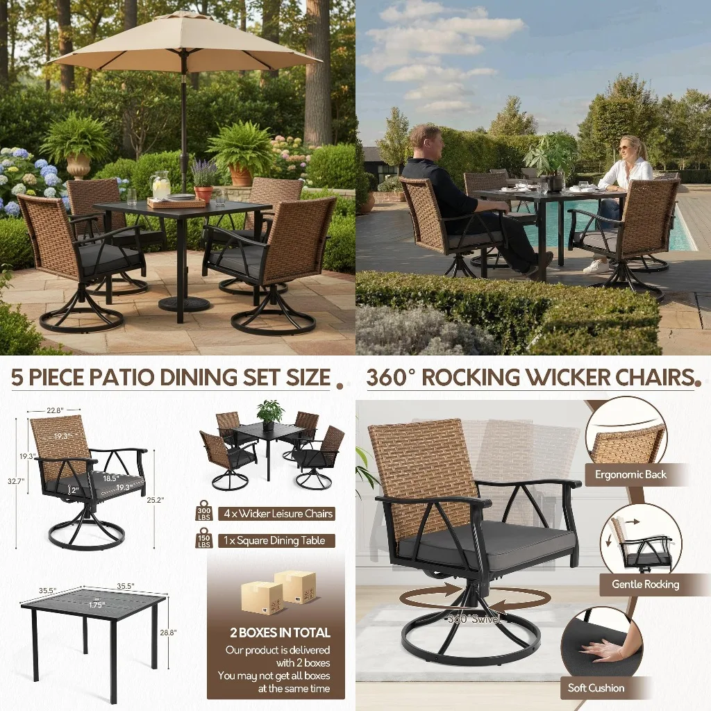 5pc Swivel Cushioned Wicker Chairs Square Woodgrain Patio Dining Set 4P 1.75in Umbrella Hole, Customized
5pc Swivel Cushioned Wicker Chairs Square Woodgrain Patio Dining Set 4P 1.75in Umbrella Hole, Customized