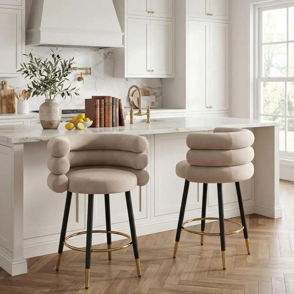 Set of 2 Counter Height Bar Stools with Backrest and Arms, Padded Velvet Upholstery, Black Metal Legs, Khaki
Set of 2 Counter Height Bar Stools with Backrest and Arms, Padded Velvet Upholstery, Black Metal Legs, Khaki