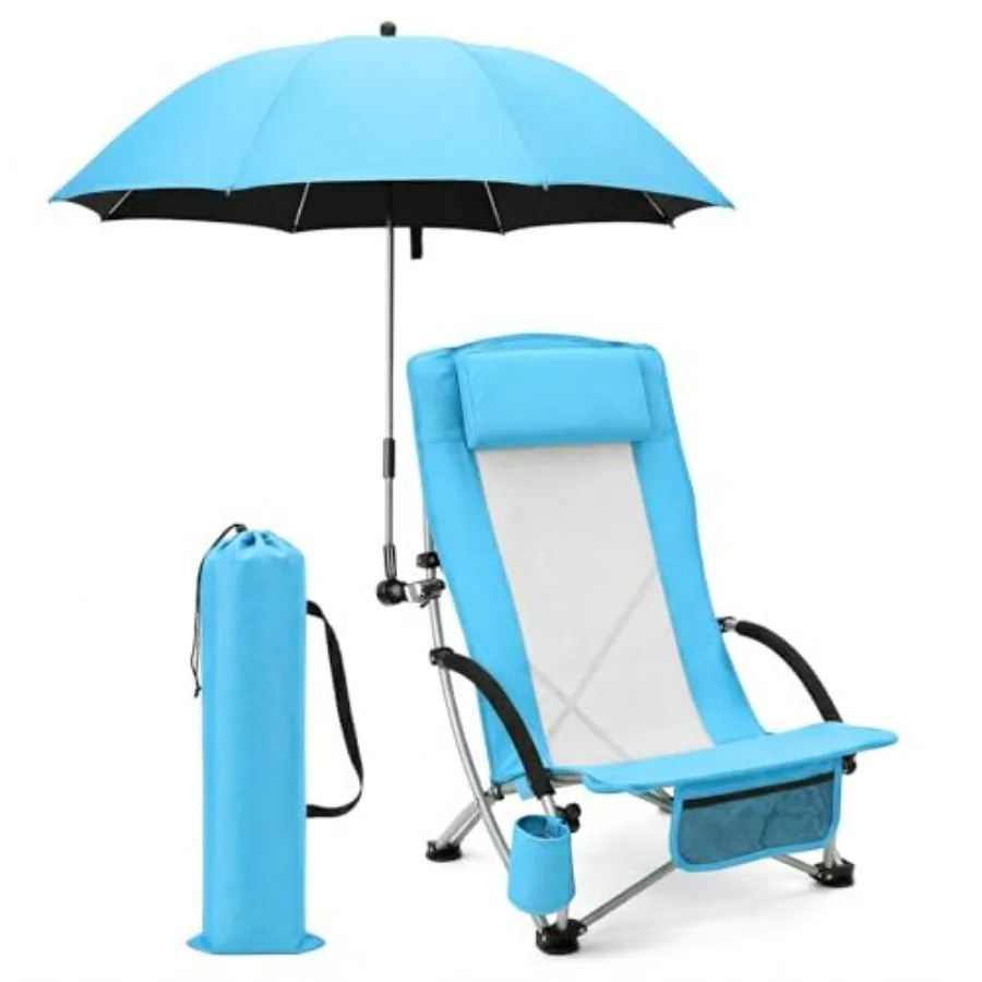 Camping chair with umbrella for outdoor travel, mesh back, sky blue, lightweight folding design with headrest and cup holder
Camping chair with umbrella for outdoor travel, mesh back, sky blue, lightweight folding design with headrest and cup holder