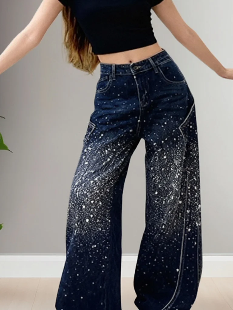 Shiny Rhinestone Embellished High Waist Wide Leg Jeans Women's Spring Fashion Street Style Casual High Waist Glittery Knife E...
Shiny Rhinestone Embellished High Waist Wide Leg Jeans Women's Spring Fashion Street Style Casual High Waist Glittery Knife E...
