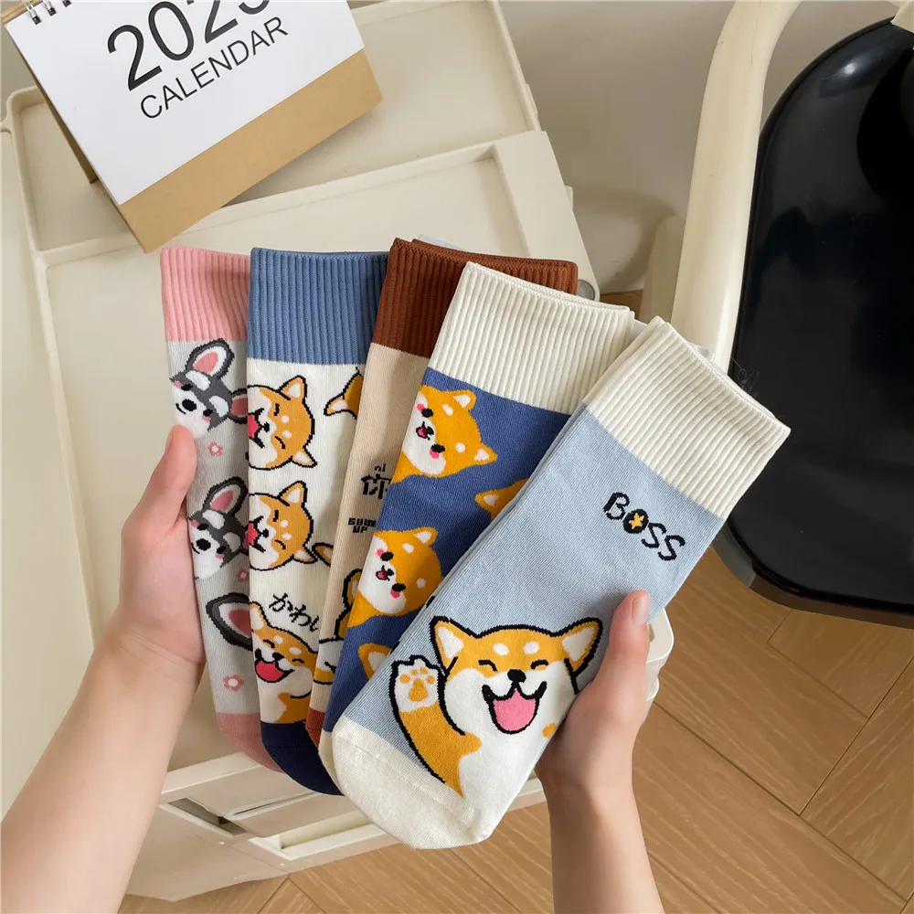 

5PR Boneless Stitched CHina Sock Shiba Inu Bear Peripheral Cute Puppy Akita Cartoon Ankle Socks Low Cut Socks Sports Black White