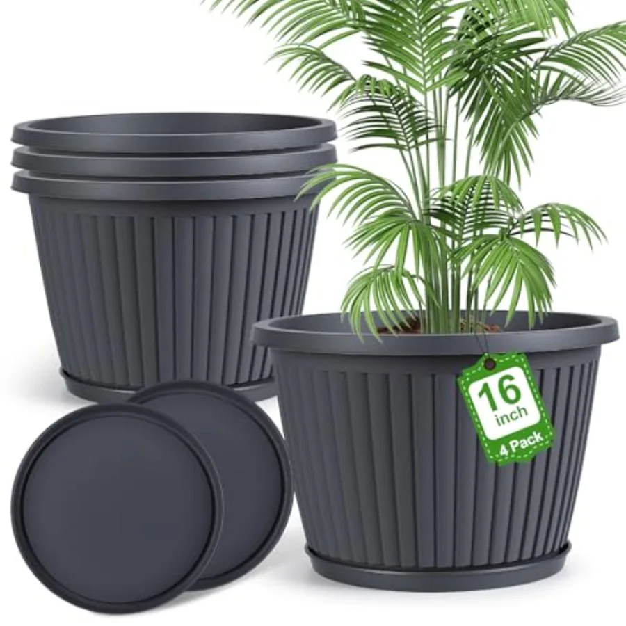 Outdoor planters for porch decor: 16-inch large plastic pots with drainage holes and saucer, 4-pack decorative garden pots in n
Outdoor planters for porch decor: 16-inch large plastic pots with drainage holes and saucer, 4-pack decorative garden pots in n
