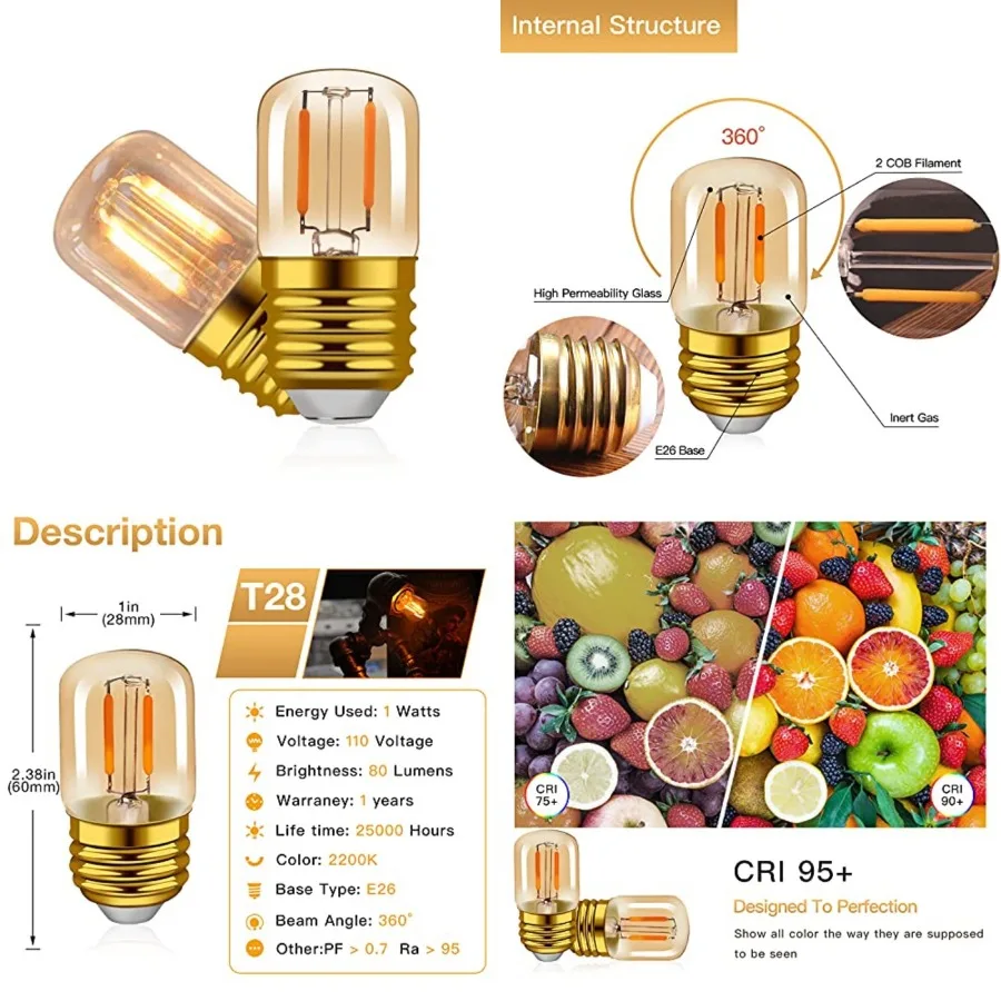 E26 LED Amber Night Light Bulbs 1W, T28 Mini Edison Tube Lamp 2200K Warm, 10W Incandescnet Equivalent, Non-Dimmable Replacement
E26 LED Amber Night Light Bulbs 1W, T28 Mini Edison Tube Lamp 2200K Warm, 10W Incandescnet Equivalent, Non-Dimmable Replacement