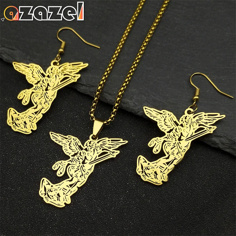 Hollow Archangel Saint Michael Protect Us Necklace Earrings Set For Women Men Stainless Steel Gold Color Keyring Jewelry Gift
Hollow Archangel Saint Michael Protect Us Necklace Earrings Set For Women Men Stainless Steel Gold Color Keyring Jewelry Gift