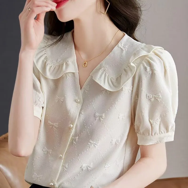 Elegant Embroidered Chiffon Shirt Women's Short Sleeve Doll Collar Summer Fashionable Top Polyester Fiber 100% Ladies' Shirt
Elegant Embroidered Chiffon Shirt Women's Short Sleeve Doll Collar Summer Fashionable Top Polyester Fiber 100% Ladies' Shirt