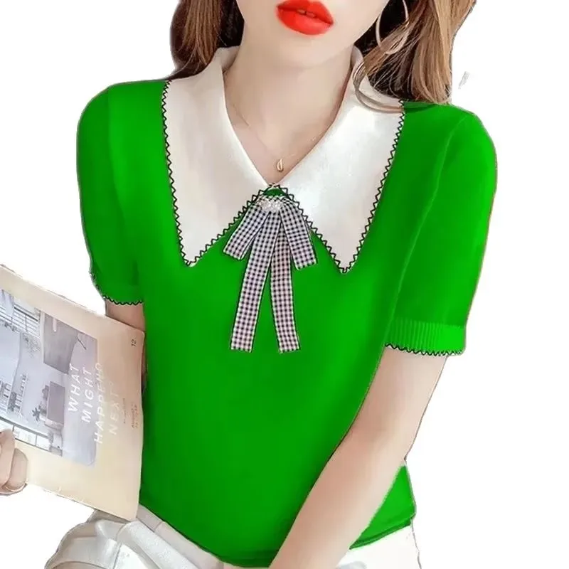 Ice Silk Short Sleeve T-shirt Women's Sweater 2025 New Summer Bow Doll Neck Knitwear Pullover Female Tops Women's Clothing
Ice Silk Short Sleeve T-shirt Women's Sweater 2025 New Summer Bow Doll Neck Knitwear Pullover Female Tops Women's Clothing