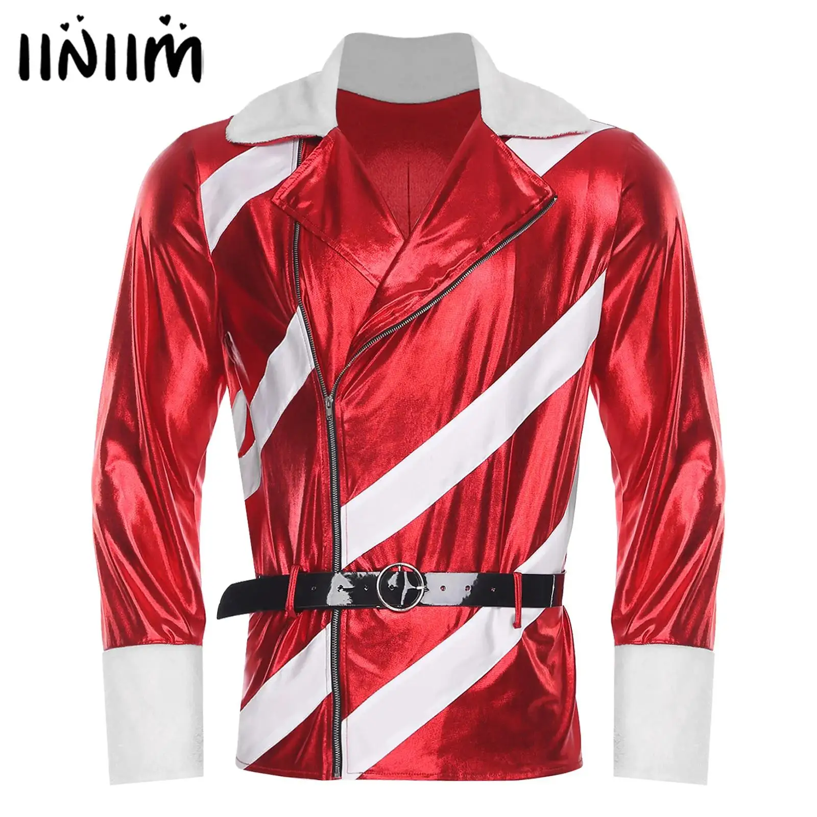 Mens Christmas Xmas Santa Jacket Tops Notched Collar Long Sleeve Zipper Striped Metallic Coat with Adjustable Faux Leather Belt
Mens Christmas Xmas Santa Jacket Tops Notched Collar Long Sleeve Zipper Striped Metallic Coat with Adjustable Faux Leather Belt