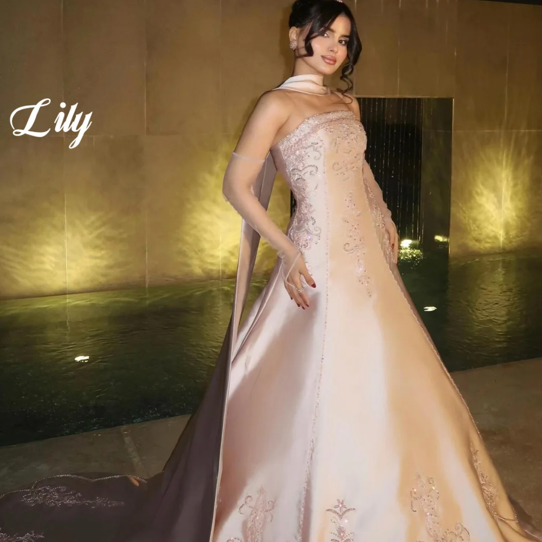 Lily Light Pink Prom Dress Satin A Line Evening Dress With Floral Rhinestone And Flowing Cape Train Luxury Party Gown Customized
Lily Light Pink Prom Dress Satin A Line Evening Dress With Floral Rhinestone And Flowing Cape Train Luxury Party Gown Customized