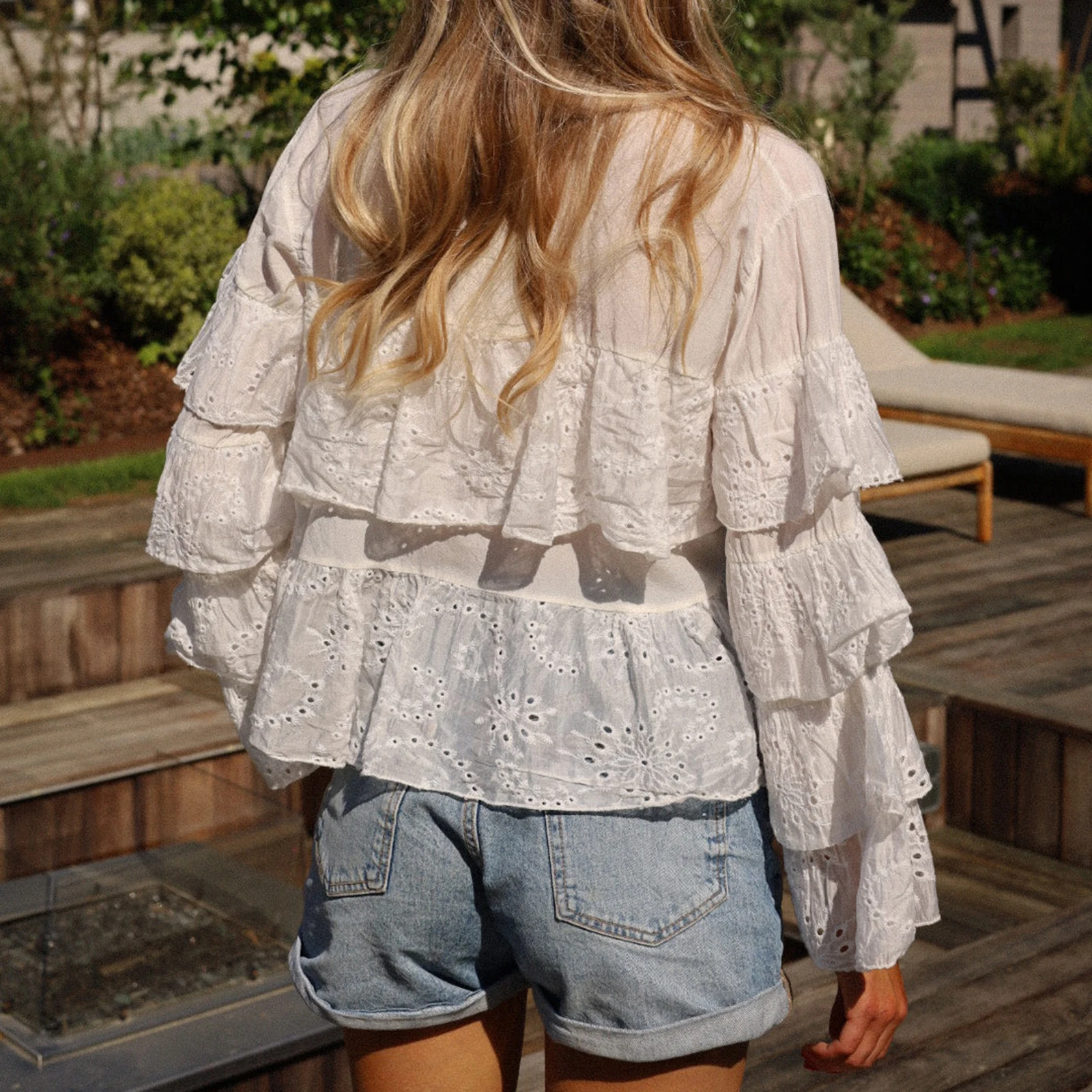 Women Spring Fall Solid Ruffles See Through Shirts Hollow Flower Embroidery Flare Long Sleeve Tie-up Loose Blouse Tops 2025 
Women Spring Fall Solid Ruffles See Through Shirts Hollow Flower Embroidery Flare Long Sleeve Tie-up Loose Blouse Tops 2025