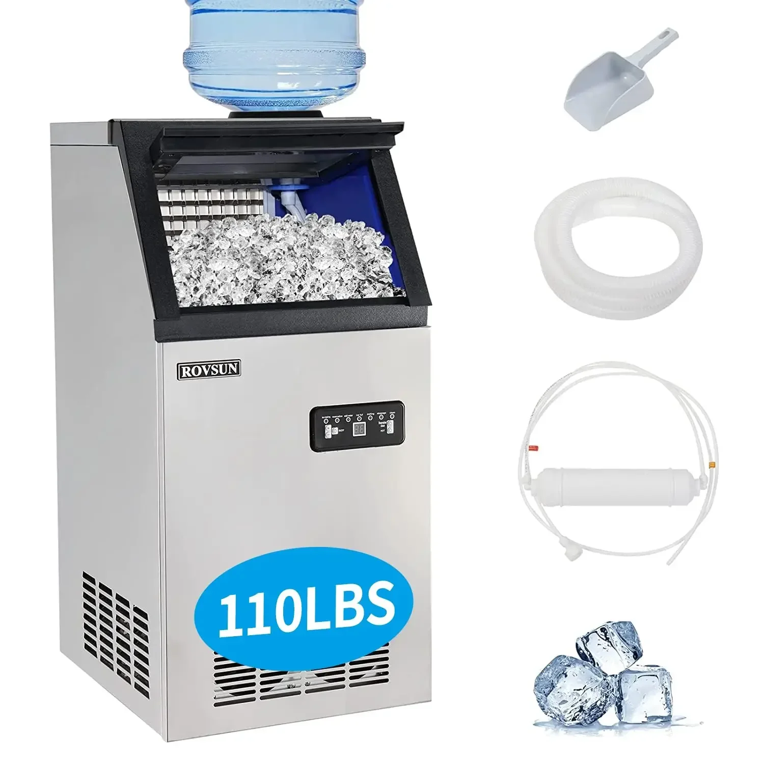 ROVSUN Stainless Steel Commercial Ice Maker Machine, Make 110lbs/24h, 24lbs Storage,Under Counter/Freestanding Automat
ROVSUN Stainless Steel Commercial Ice Maker Machine, Make 110lbs/24h, 24lbs Storage,Under Counter/Freestanding Automat