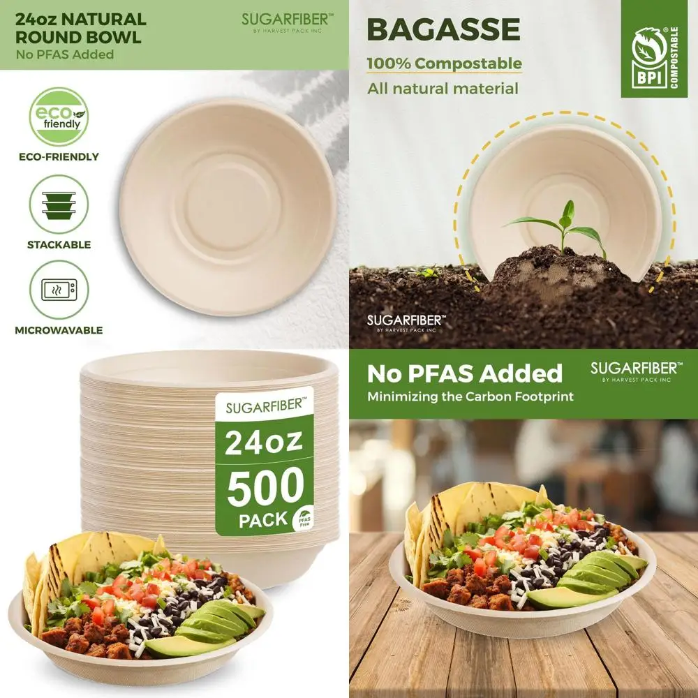 24oz Compostable Round Soup Bowls, Sugarcane Fiber, Heavy-Duty, Eco-Friendly, Disposable for Meal Prep
24oz Compostable Round Soup Bowls, Sugarcane Fiber, Heavy-Duty, Eco-Friendly, Disposable for Meal Prep