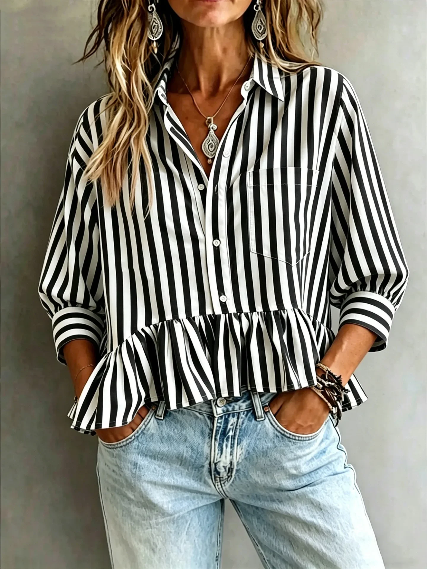 Elegant Women Fashion Striped Button Down Shirt 3/4 Puff Sleeve Lapel Ruffle Hem Blouse Summer Casual Loose Pocket Top Spring
Elegant Women Fashion Striped Button Down Shirt 3/4 Puff Sleeve Lapel Ruffle Hem Blouse Summer Casual Loose Pocket Top Spring