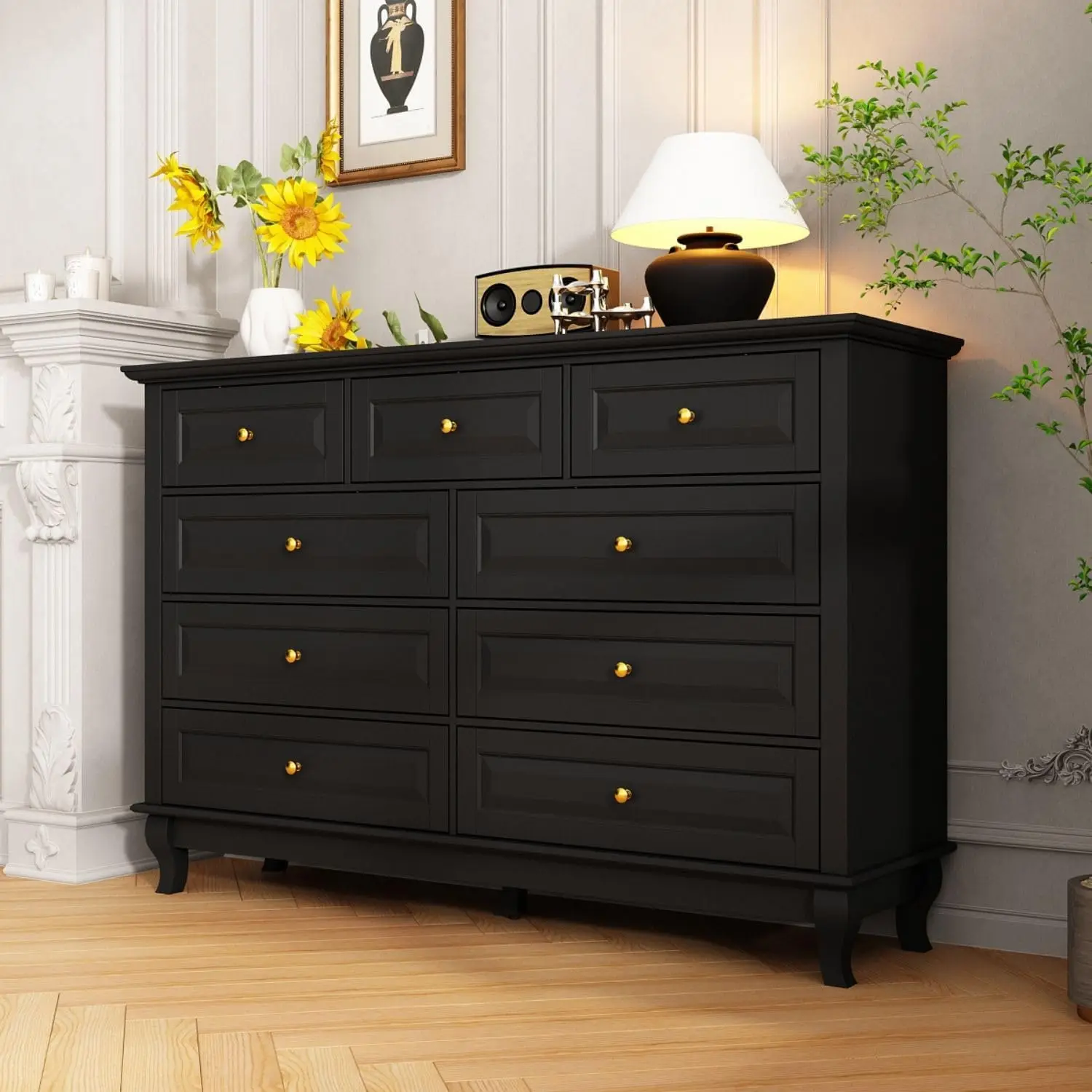 9 Drawer Dresser for Bedroom, Modern Black Dresser with Gold Knobs, Wide 9 Drawer Chest with Wood Legs, 15.7”D x 55.1”W x 37”H
9 Drawer Dresser for Bedroom, Modern Black Dresser with Gold Knobs, Wide 9 Drawer Chest with Wood Legs, 15.7”D x 55.1”W x 37”H