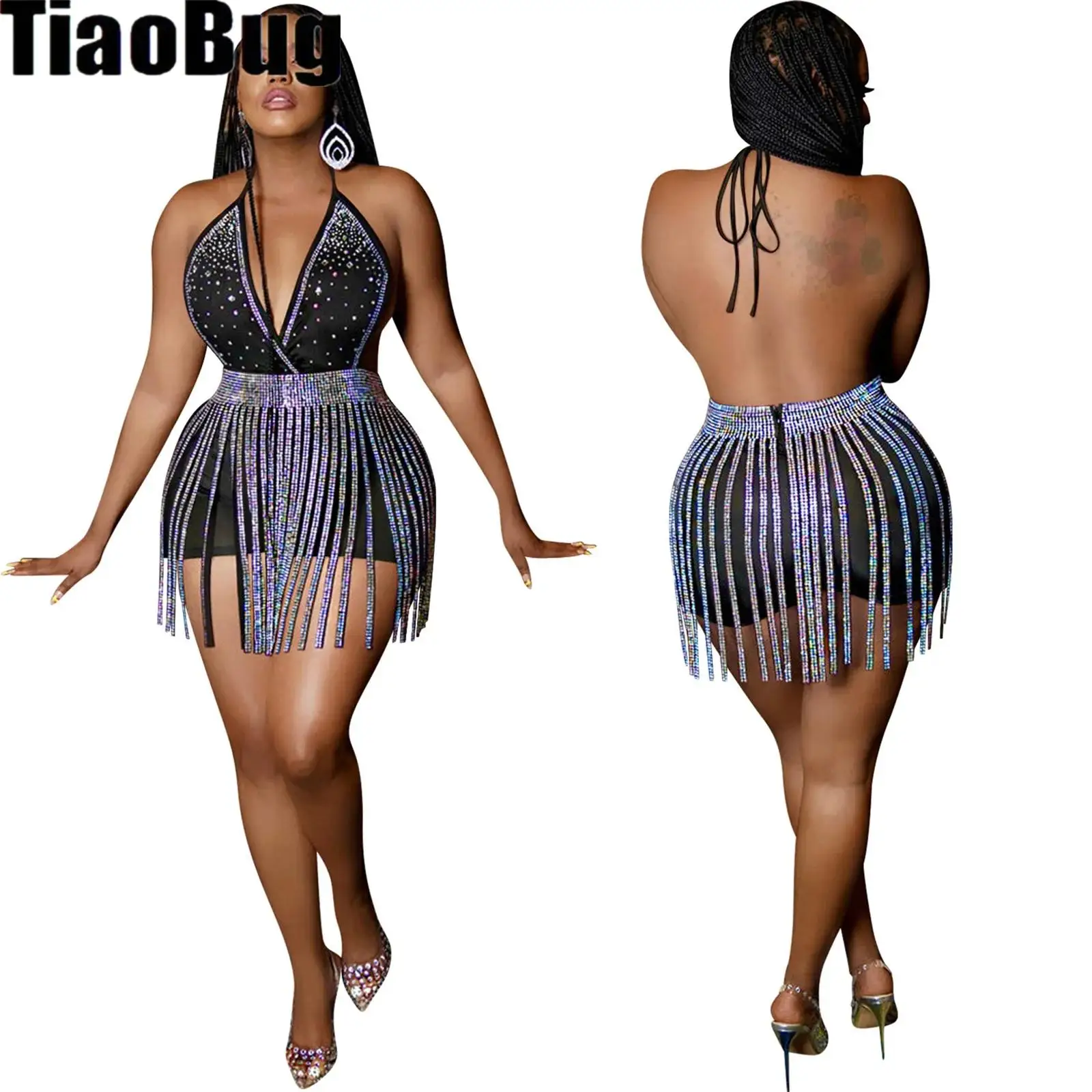 Women Glitter Rhinestone Backless Romper And Tassel Skirt 2-piece Set Deep V Neck Halter Sleeveless Bodysuit with Skirt Clubwear
Women Glitter Rhinestone Backless Romper And Tassel Skirt 2-piece Set Deep V Neck Halter Sleeveless Bodysuit with Skirt Clubwear