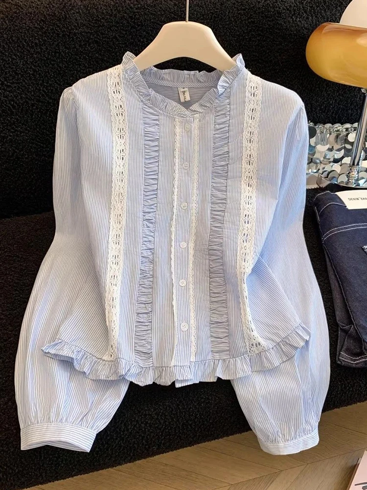 Ruffles Sweet Striped Shirt Women Fashion Cute Long Sleeve Slim Blouse Spring Summer Female Chic Preppy Style Lace Patchwork Top
Ruffles Sweet Striped Shirt Women Fashion Cute Long Sleeve Slim Blouse Spring Summer Female Chic Preppy Style Lace Patchwork Top