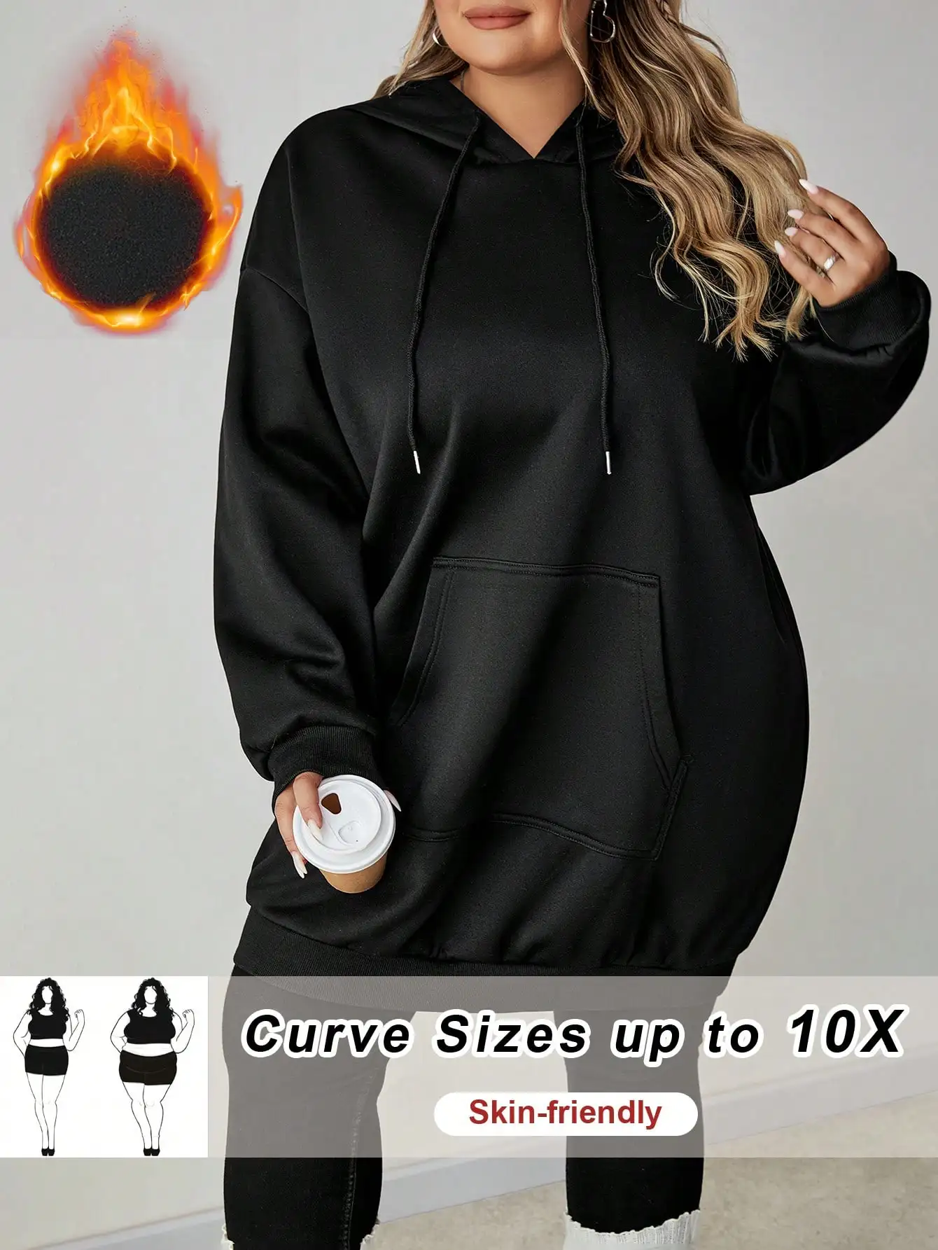 Оверсайз худи черного цвета с капюшоном и карманом-кенгуру для полных фигур
Оверсайз худи черного цвета с капюшоном и карманом-кенгуру для полных фигур