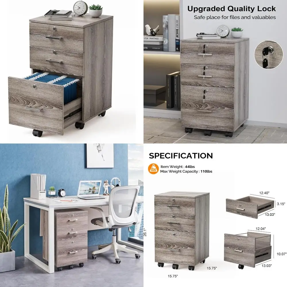 3-Drawer Wooden Locking File Cabinet with Rolling Wheels for Home Office, Mobile Printer Stand, and Under Desk Organization
3-Drawer Wooden Locking File Cabinet with Rolling Wheels for Home Office, Mobile Printer Stand, and Under Desk Organization
