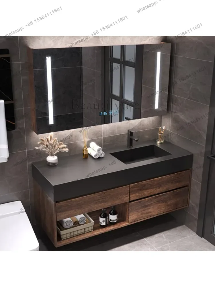 Intelligent new Chinese solid wood bathroom cabinet combination bathroom rock slab integrated ceramic seamless washbasin
Intelligent new Chinese solid wood bathroom cabinet combination bathroom rock slab integrated ceramic seamless washbasin