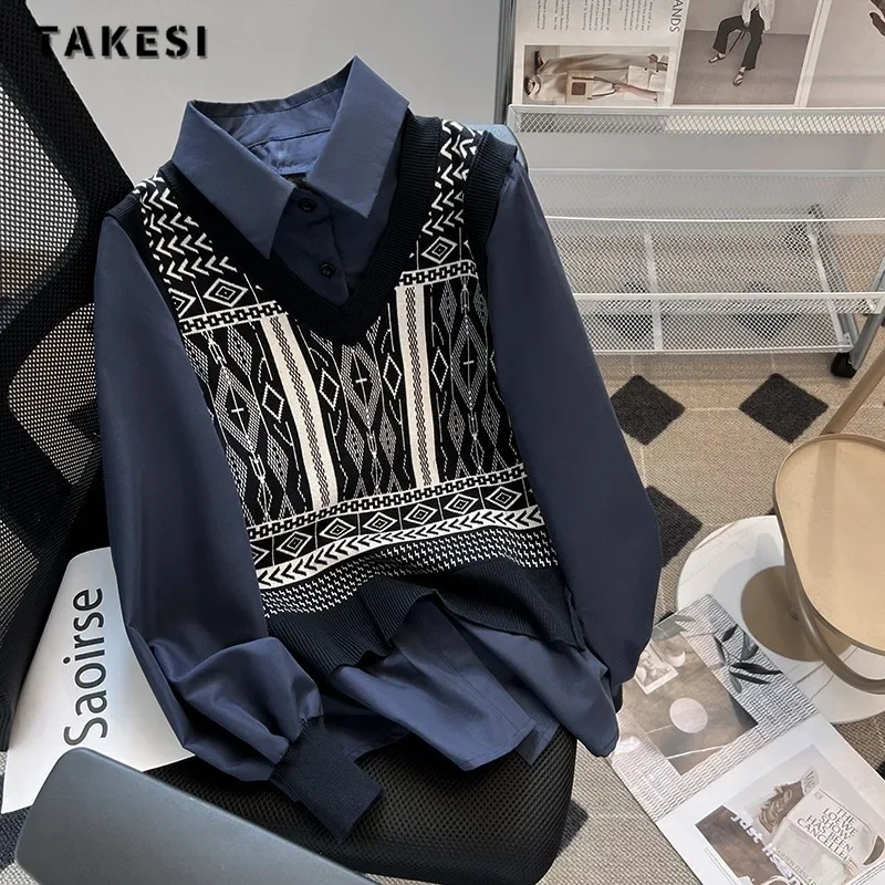 Vintage Casual Style Turn-down Collar Long Sleeve Patchwork Blouses 2023 Winter Women Fake 2 Piece Single Breasted Loose Shirts
Vintage Casual Style Turn-down Collar Long Sleeve Patchwork Blouses 2023 Winter Women Fake 2 Piece Single Breasted Loose Shirts