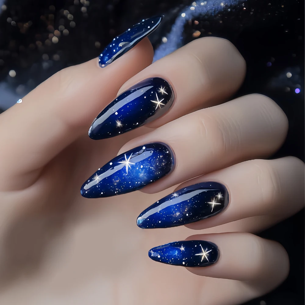 24Pcs Almond-Shaped Ramadan Nail Art White Star Blue Starry Sky Design Fake Nails Blue Black Gradient Fake Nails Removable Glossy Full Coverage Press-On Nails Suitable for Women's Daily Party Nail Decoration, Includes Jelly Glue and File
24Pcs Almond-Shaped Ramadan Nail Art White Star Blue Starry Sky Design Fake Nails Blue Black Gradient Fake Nails Removable Glossy Full Coverage Press-On Nails Suitable for Women's Daily Party Nail Decoration, Includes Jelly Glue and File