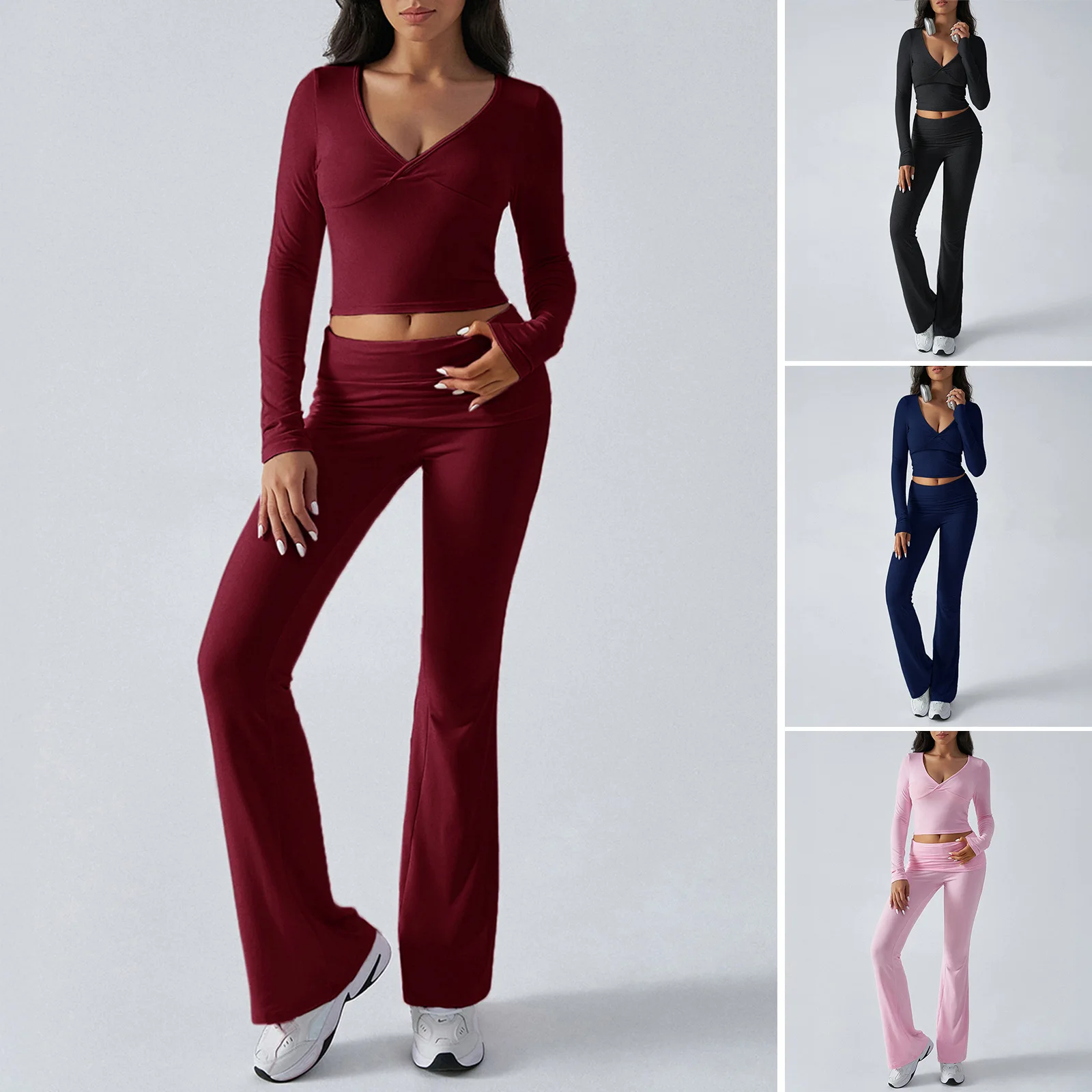 Women's Long Sleeve Wrap V Neck Crop Top Flare Pants Set Stretchy Bodycon Two-Piece Outfit for Casual and Daily Wear
Women's Long Sleeve Wrap V Neck Crop Top Flare Pants Set Stretchy Bodycon Two-Piece Outfit for Casual and Daily Wear 