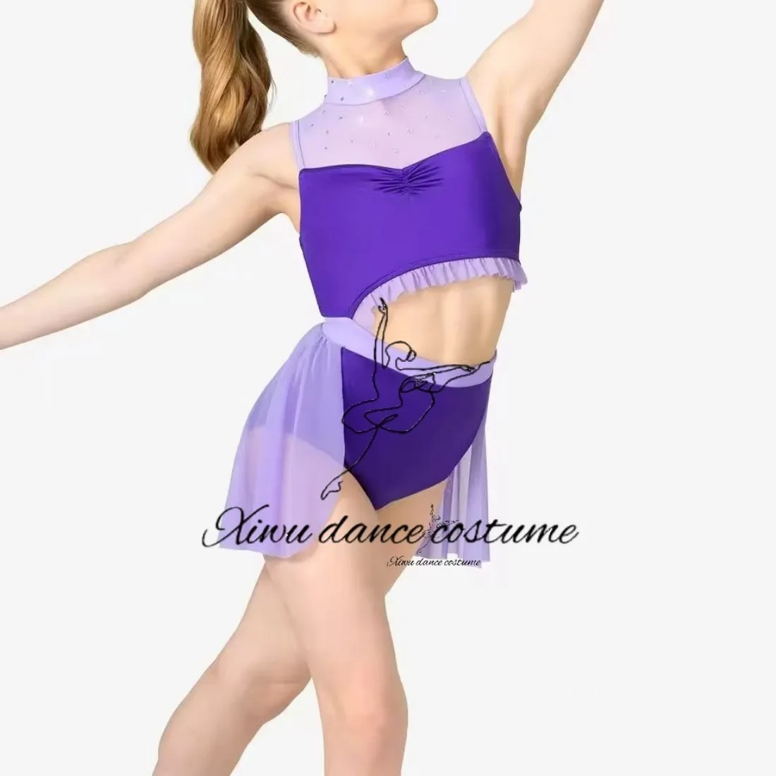 Vibrant Purple Sleeveless High Neck Contemporary Dance Outfit with Sheer Mesh Panel, Waist Cutout and Tulle Sash Detail
Vibrant Purple Sleeveless High Neck Contemporary Dance Outfit with Sheer Mesh Panel, Waist Cutout and Tulle Sash Detail