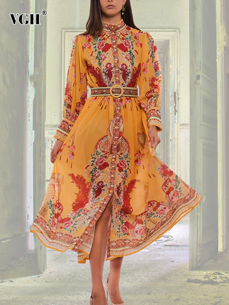 VGH Colorblock Floral Printing Vintage Dresses For Women Stand Collar Long Sleeve High Waist Spliced Belt Elegant Dress Female
VGH Colorblock Floral Printing Vintage Dresses For Women Stand Collar Long Sleeve High Waist Spliced Belt Elegant Dress Female