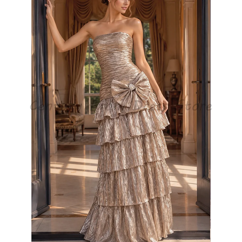 Champagne Metallic Pleated Evening Dress Strapless Tube Top Big Bow Tiered Ruffle Mermaid Formal Prom Wedding Guest Party Gown
Champagne Metallic Pleated Evening Dress Strapless Tube Top Big Bow Tiered Ruffle Mermaid Formal Prom Wedding Guest Party Gown