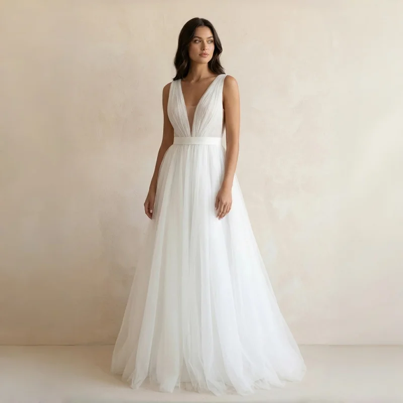 French Minimal Deep V Tulle A-Line Wide Strap Wedding Dress Double V Open Back Satin Waistband Minimal Ruched Bodice Customized
French Minimal Deep V Tulle A-Line Wide Strap Wedding Dress Double V Open Back Satin Waistband Minimal Ruched Bodice Customized