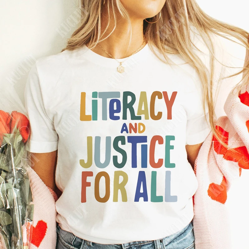 Literacy and Justice for All T Shirt for Women Book Lover Tops Teachers' Day Shirts Short Sleeve Tees Aesthetic Female Clothing
Literacy and Justice for All T Shirt for Women Book Lover Tops Teachers' Day Shirts Short Sleeve Tees Aesthetic Female Clothing