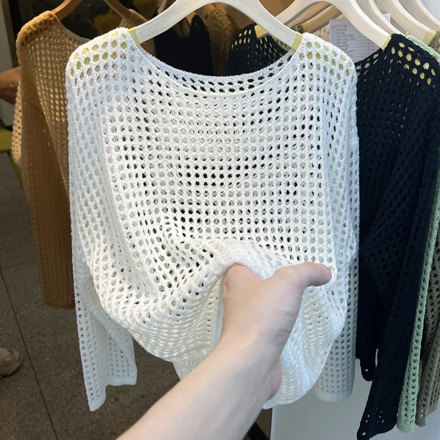 French Style Long Sleeved Knitted Sweater Women Spring Summer 2025 Loose Hollow Pullover New Solid Beach Sunscreen Mesh Top
French Style Long Sleeved Knitted Sweater Women Spring Summer 2025 Loose Hollow Pullover New Solid Beach Sunscreen Mesh Top