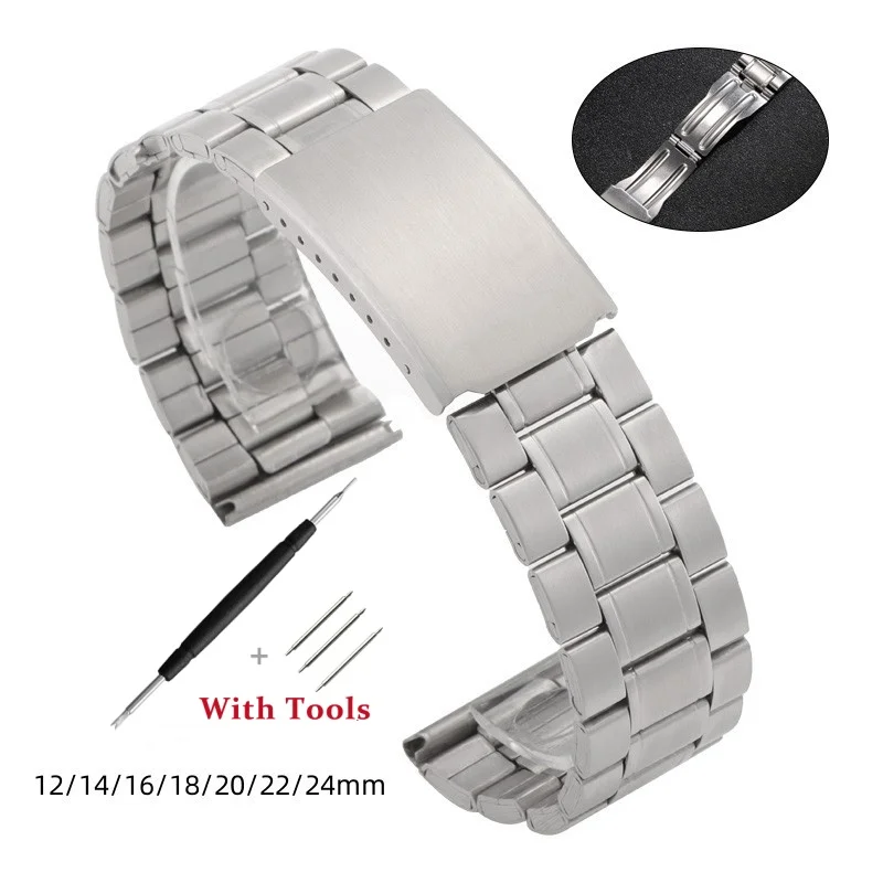 12 14mm 16mm 18mm 20mm 22mm 24mm Stainless Steel Watch Strap Metal Folding Buckle Band Replacement for Universal Watch Bracelet
12 14mm 16mm 18mm 20mm 22mm 24mm Stainless Steel Watch Strap Metal Folding Buckle Band Replacement for Universal Watch Bracelet