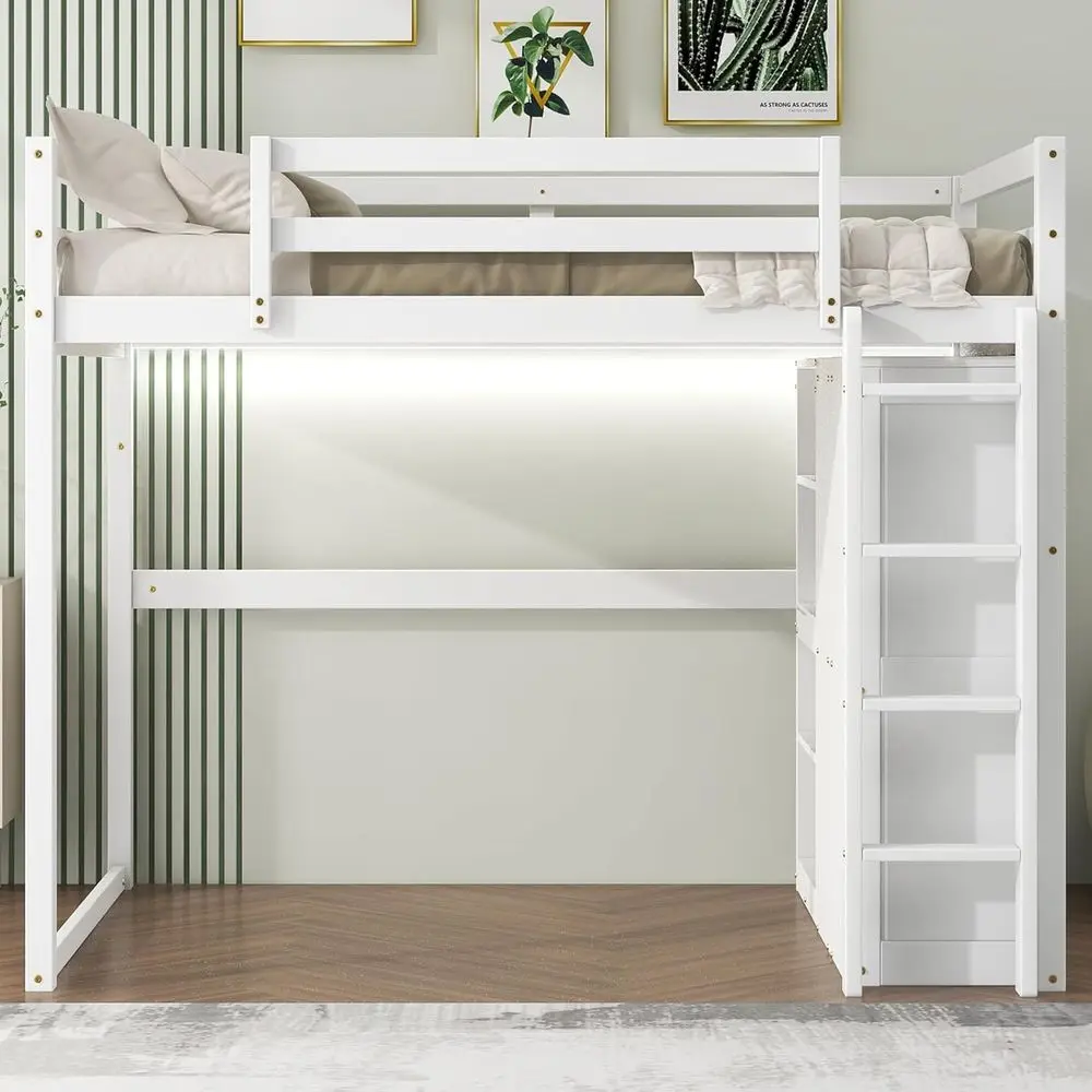 Full-Size Loft Bed with Storage Shelves and Wardrobe, LED Light Option, Suitable for Kids and Adults, Space-Saving Design, White
Full-Size Loft Bed with Storage Shelves and Wardrobe, LED Light Option, Suitable for Kids and Adults, Space-Saving Design, White