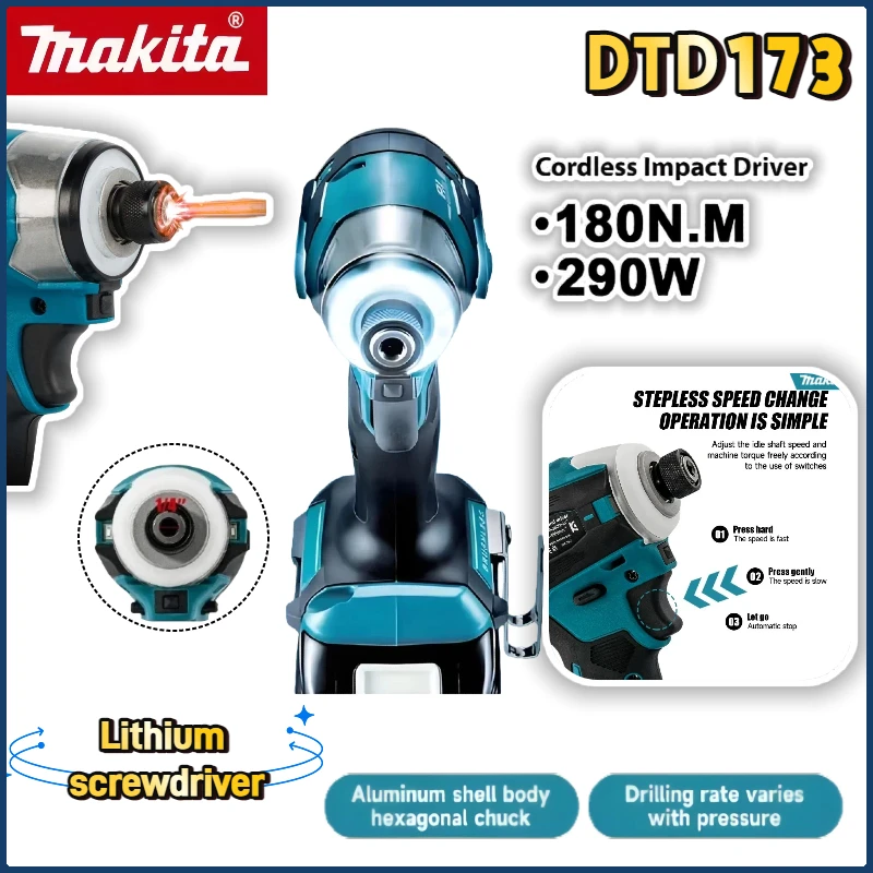 Makita 18V LXT Cordless Impact Driver DTD173 Brushless Electric Drill Screwdriver Wood/Bolt T1/T2-Mode Twin LED Light 180 N·m
Makita 18V LXT Cordless Impact Driver DTD173 Brushless Electric Drill Screwdriver Wood/Bolt T1/T2-Mode Twin LED Light 180 N·m