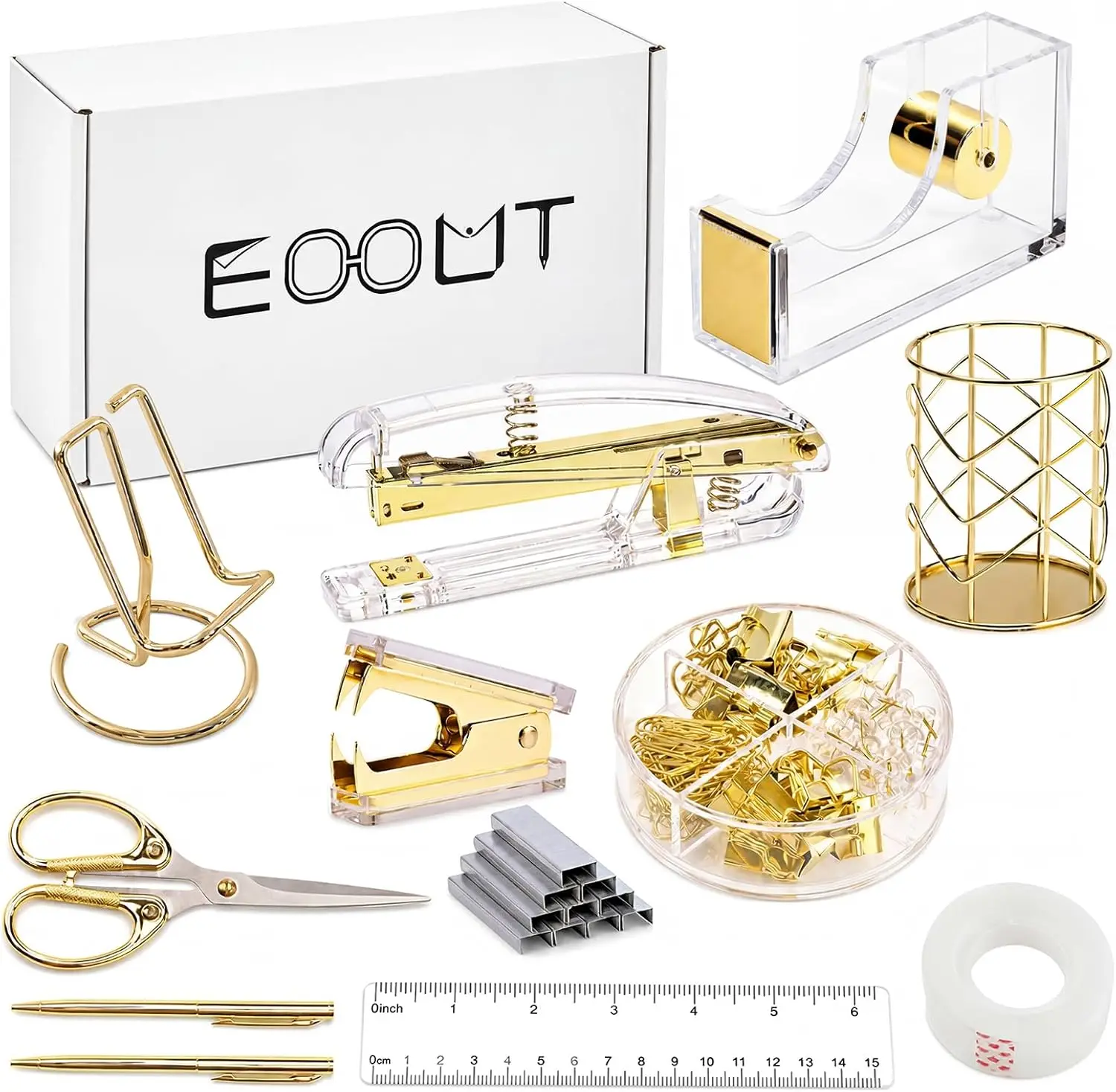 EOOUT Gold Office Supplies Set Desk Accessories, Acrylic Stapler Set Staple Remover, Phone Holder, Tape Holder, Pen Holder, 2 Ballpoint Pen, Scissor, Binder Clips, Ruler, Transparent Glue and Staples.
EOOUT Gold Office Supplies Set Desk Accessories, Acrylic Stapler Set Staple Remover, Phone Holder, Tape Holder, Pen Holder, 2 Ballpoint Pen, Scissor, Binder Clips, Ruler, Transparent Glue and Staples.