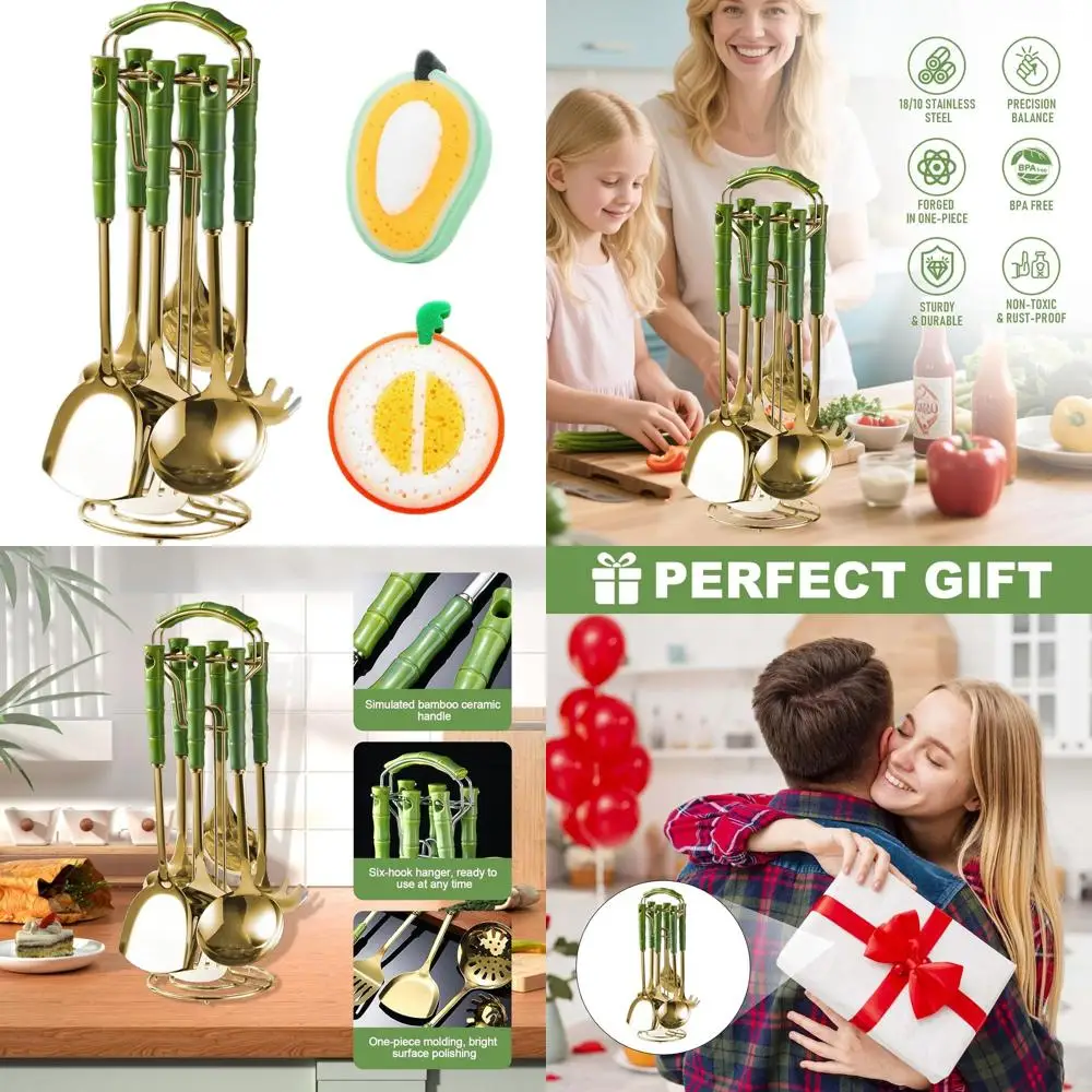 Green-Handled Gold Stainless Steel 9-Piece Kitchen Utensil Set with Stand for Cooking Accessories
Green-Handled Gold Stainless Steel 9-Piece Kitchen Utensil Set with Stand for Cooking Accessories