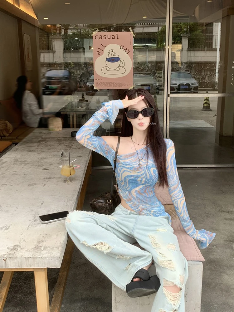 Spicy Girl American Retro Shoulder Bared Long Sleeve T Shirt Women Summer Dyed Ice Silk Mesh Cover up Top Fashion Set
Spicy Girl American Retro Shoulder Bared Long Sleeve T Shirt Women Summer Dyed Ice Silk Mesh Cover up Top Fashion Set