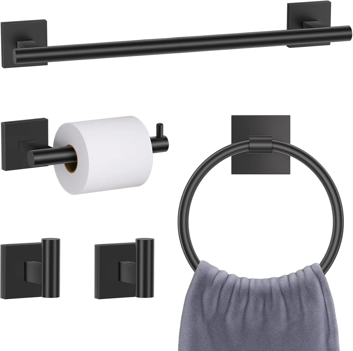 5-Piece Matte Black Bathroom Hardware Set: Towel Bar, TP Holder, Ring & Hooks, 23.6" Stainless Steel Wall Mount
5-Piece Matte Black Bathroom Hardware Set: Towel Bar, TP Holder, Ring & Hooks, 23.6" Stainless Steel Wall Mount