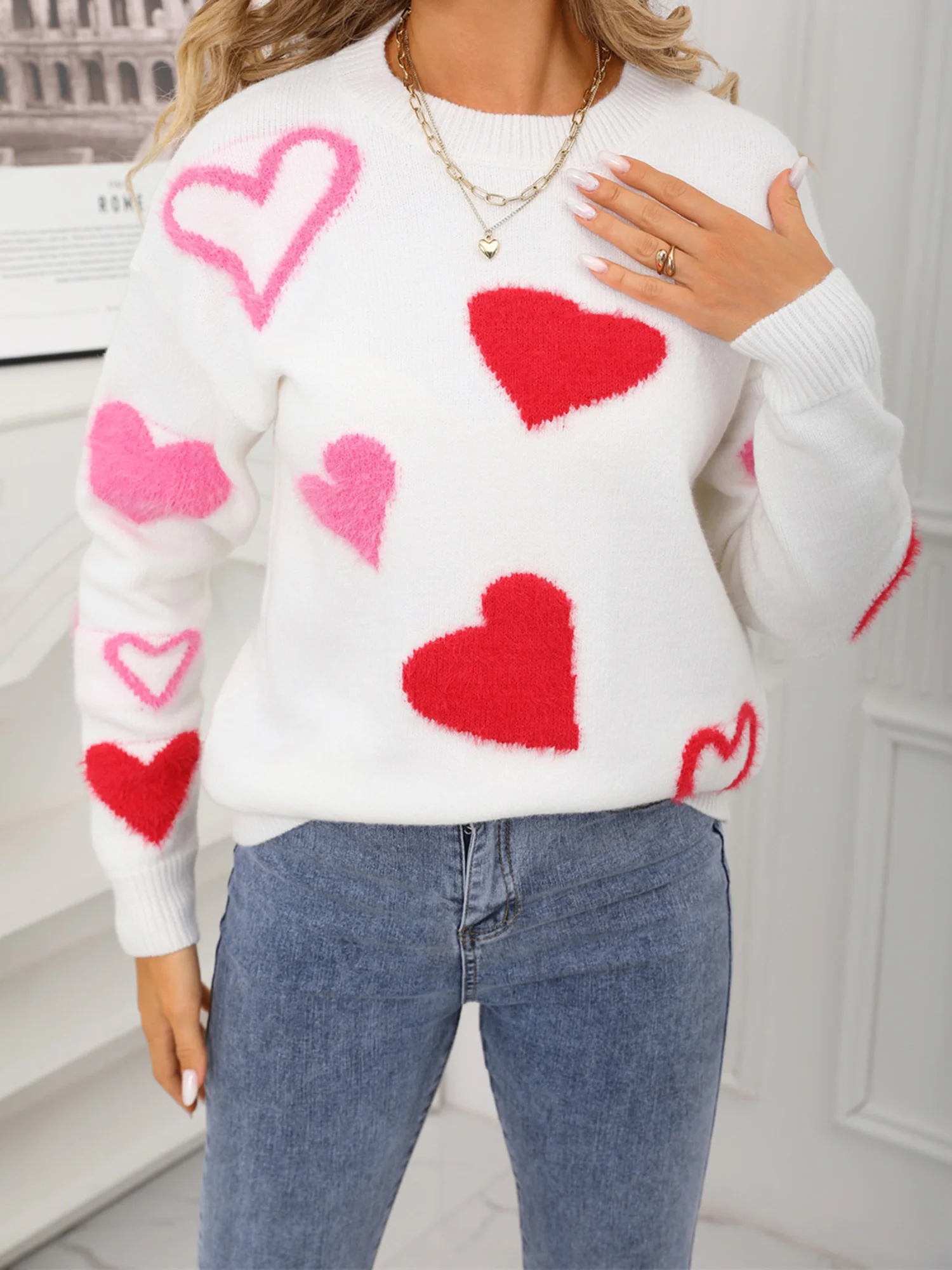 Valentine s Day Women s Sweater with Heart Pattern Long Sleeve Round Neck Knit Pullover Top for Winter Wear
Valentine s Day Women s Sweater with Heart Pattern Long Sleeve Round Neck Knit Pullover Top for Winter Wear