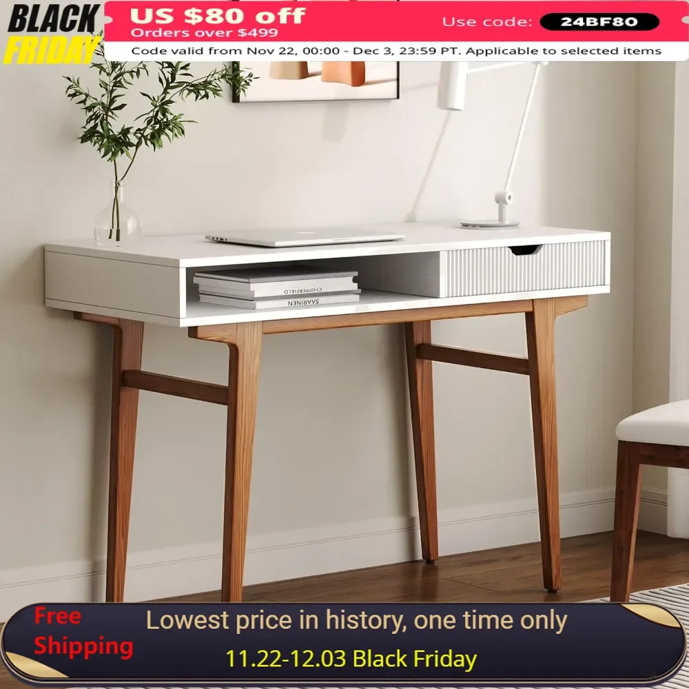 45 Inch Computer Desk with Drawers, Open Storage, Minimalist Small Solid Wood Mid-Century Modern Office Writing Desk
45 Inch Computer Desk with Drawers, Open Storage, Minimalist Small Solid Wood Mid-Century Modern Office Writing Desk