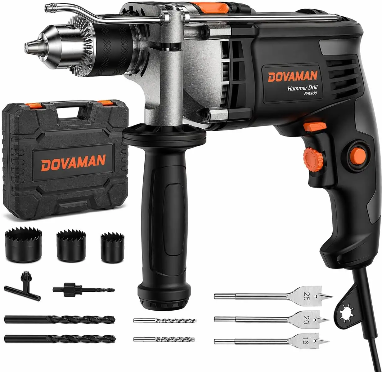 7.5A Corded Hammer Drill, 1/2" Impact Drill Variable Speed 0-3000RPM, 2 Modes for Concrete/Wood/Metal, 15-Piece Bit Set & Case
7.5A Corded Hammer Drill, 1/2" Impact Drill Variable Speed 0-3000RPM, 2 Modes for Concrete/Wood/Metal, 15-Piece Bit Set & Case