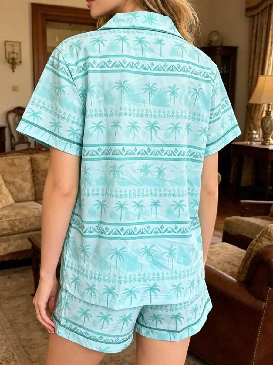 Women Summer 2-Piece Pajama Set Palm Tree Print Button Down Shirt And Shorts Loungewear Sleepwear
Women Summer 2-Piece Pajama Set Palm Tree Print Button Down Shirt And Shorts Loungewear Sleepwear