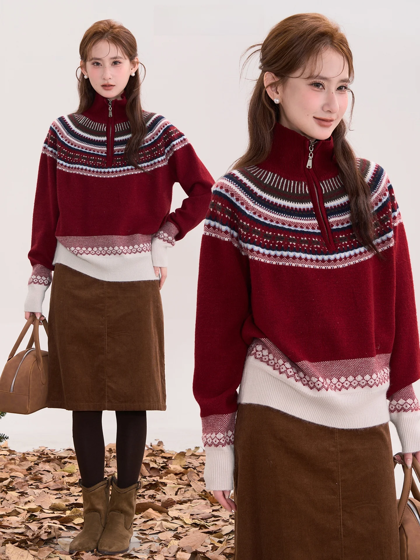 Heme Knitted High Collar Sweater with Half Zipper for Women Warm Retro Fair Isle Patterned Winter Fashion Casual Long Sleeve
Heme Knitted High Collar Sweater with Half Zipper for Women Warm Retro Fair Isle Patterned Winter Fashion Casual Long Sleeve