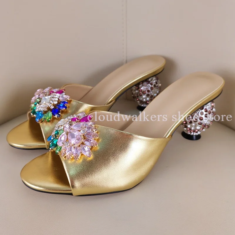 Fashion Rhinestone Ball Heels Slippers Colorful Flower Rhinestone Clasp Decor Peep Toe Slippers Summer Banquet Elegant Shoes
Fashion Rhinestone Ball Heels Slippers Colorful Flower Rhinestone Clasp Decor Peep Toe Slippers Summer Banquet Elegant Shoes
