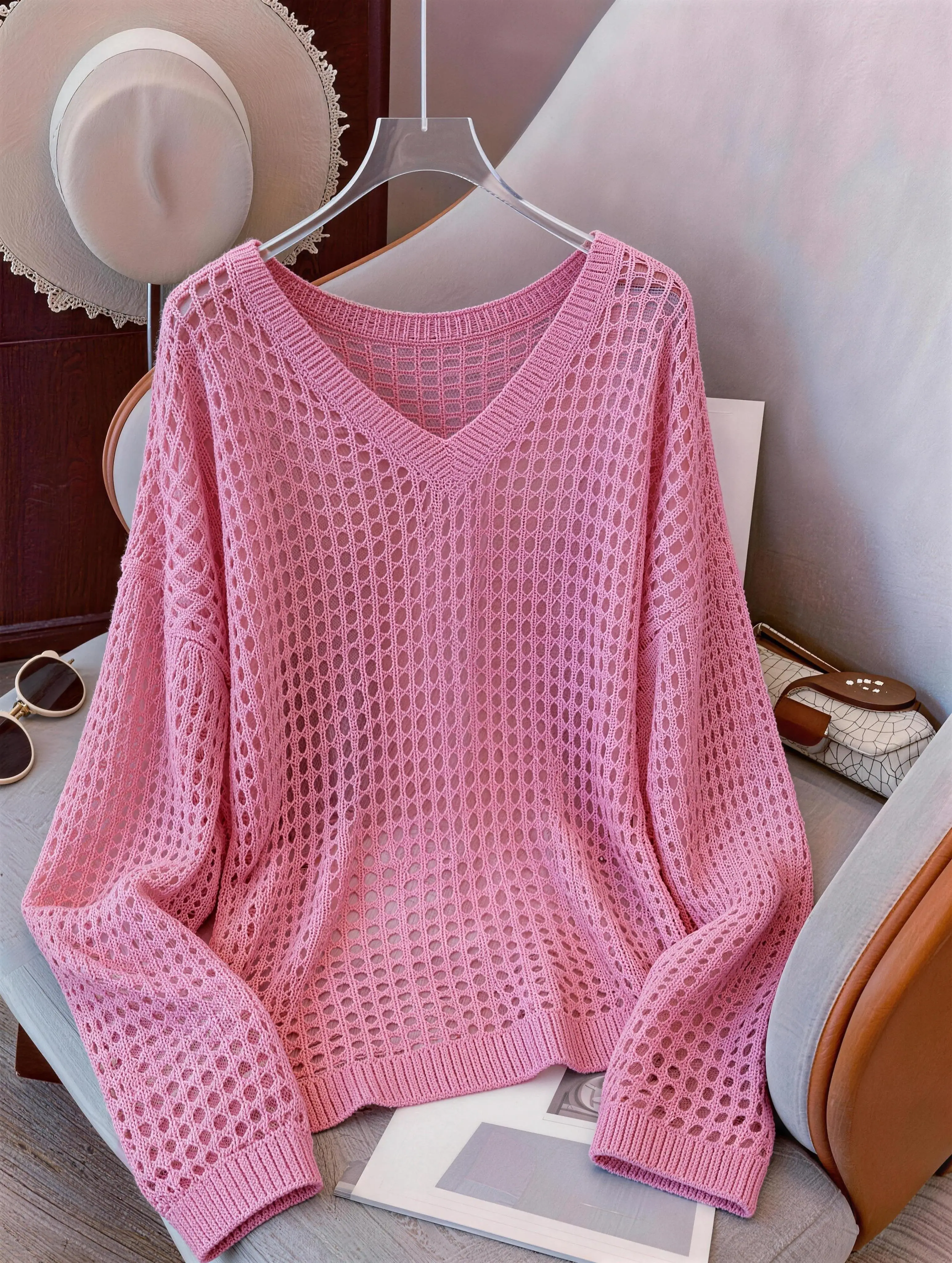 Pink Hollow Out Knit Cover-Up for Women, V-Neck Long Sleeve Crochet Pullover, Casual Summer Beach Top
Pink Hollow Out Knit Cover-Up for Women, V-Neck Long Sleeve Crochet Pullover, Casual Summer Beach Top